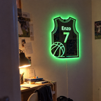 Green glowing personalized basketball jersey mirror in a kids room