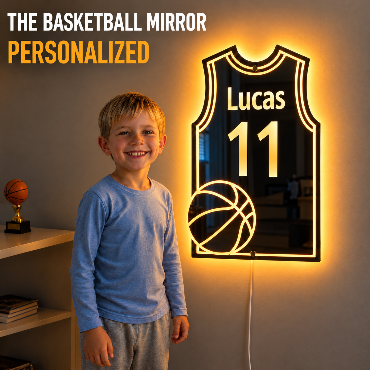 Personalized LED basketball jersey mirror with name Lucas and number 11