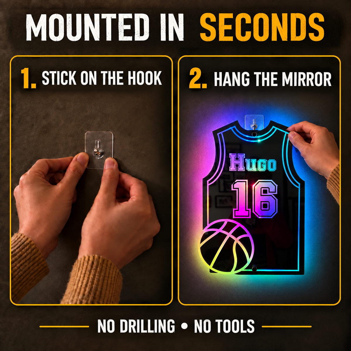 Mounted in seconds with the adhesive hook, no drilling