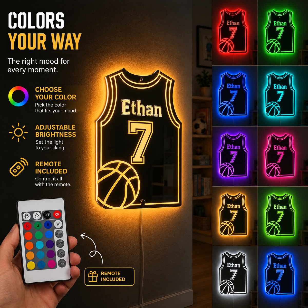 LED basketball mirror in multiple colors with remote control