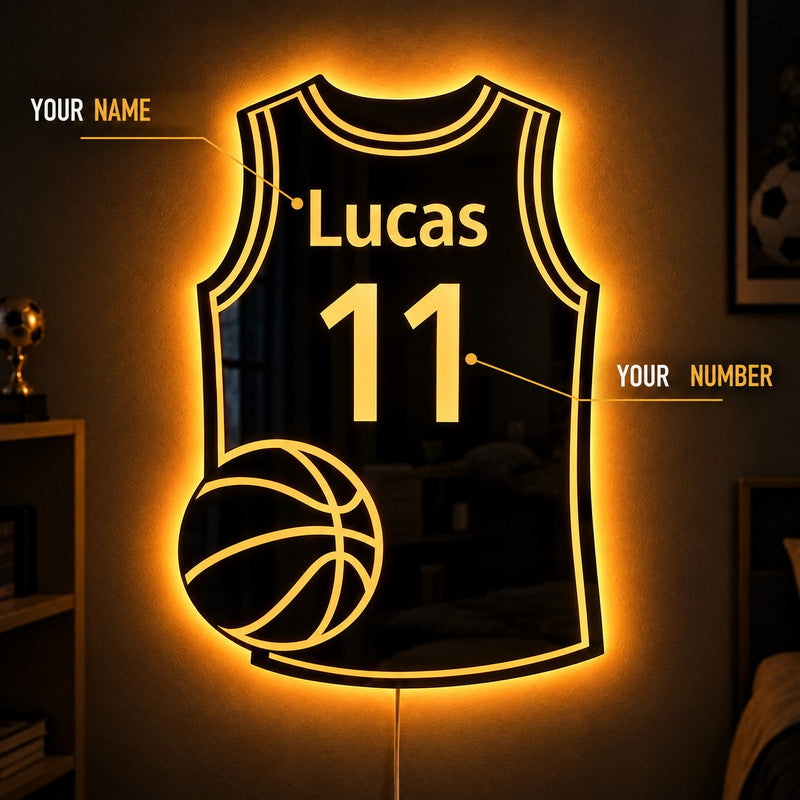 Close-up of the basketball jersey mirror: your name and number glowing in the jersey