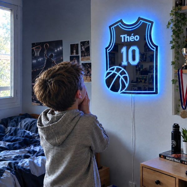 LED basketball jersey mirror in a bedroom