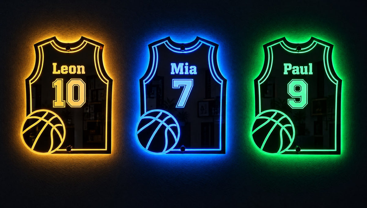 Three basketball jersey mirrors with different names and numbers glowing in yellow, blue and green